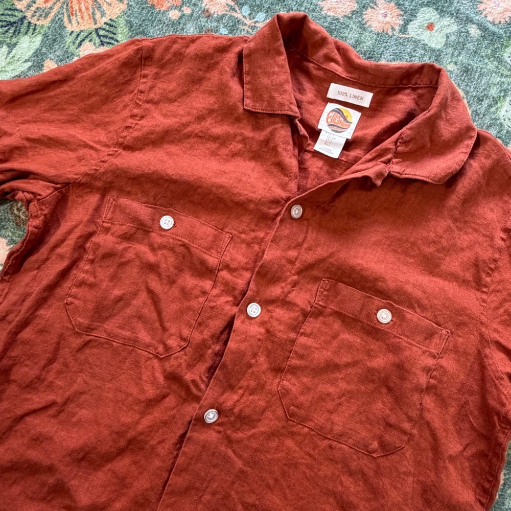 C&C California Mens‎ Small 100% Linen Short Sleeve Frayed Hem Shirt Terracotta